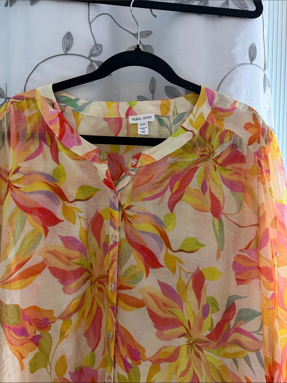 Tribal Sheer Floral Button-Front Blouse - Yellow, Pink, Orange, Green